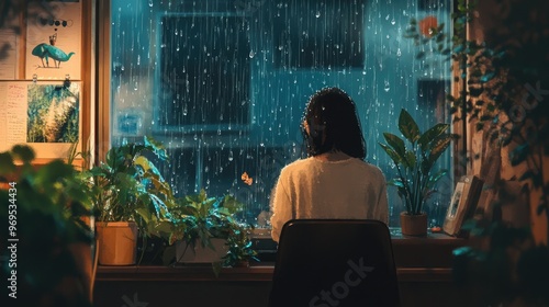 A cozy scene of a woman by the window, with plants and raindrops creating a peaceful ambiance on a rainy day