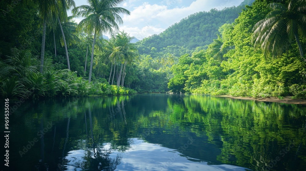 A tranquil jungle lagoon, with calm waters reflecting the dense vegetation and towering palm trees along the shore. A tranquil jungle lagoon, with calm waters reflecting the dense vegetation and towering palm trees along the shore.