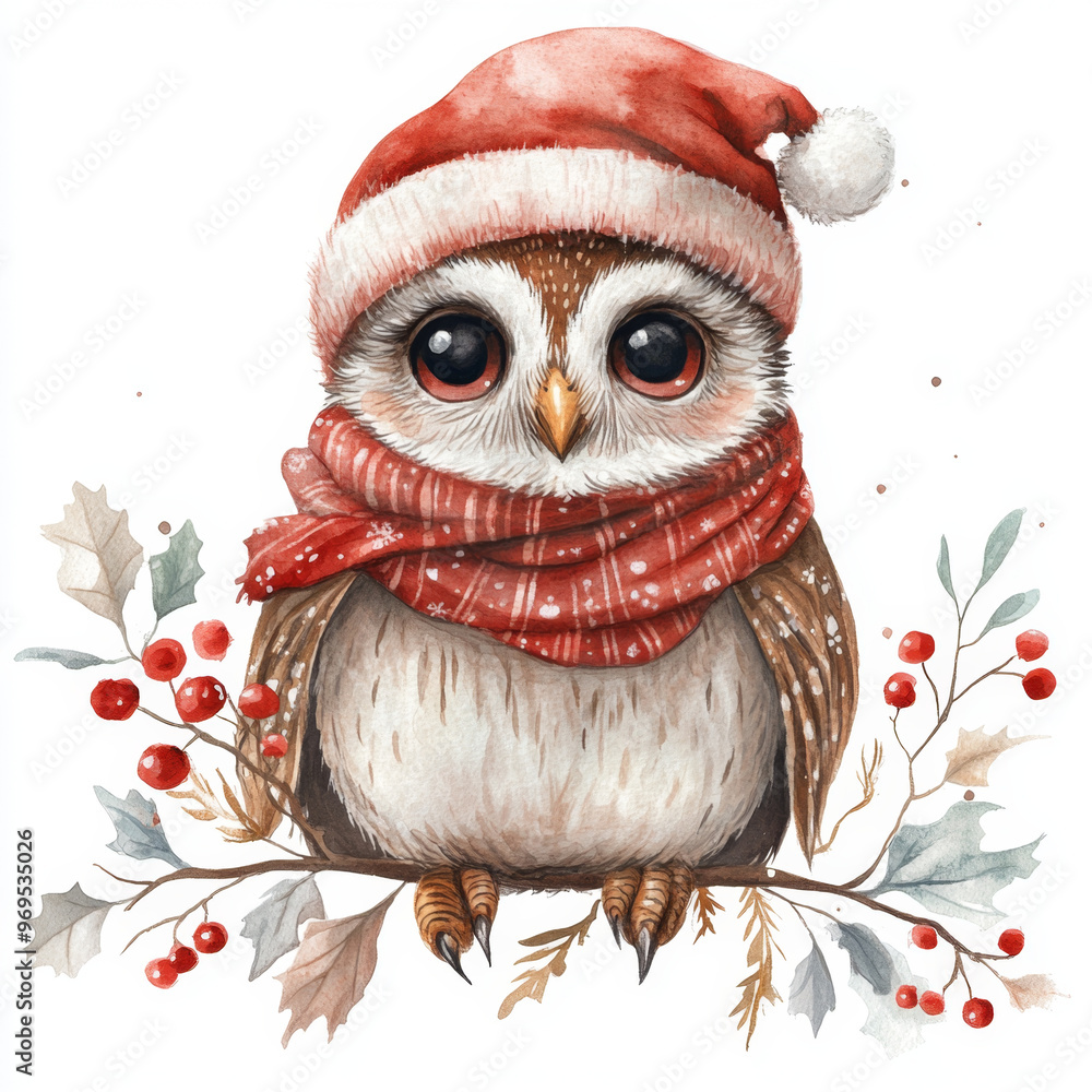 A watercolor owl in a red Santa hat and scarf, sitting on holly branches with berries, surrounded by festive snowflakes. A watercolor owl in a red Santa hat and scarf, sitting on holly branches with berries, surrounded by festive snowflakes.