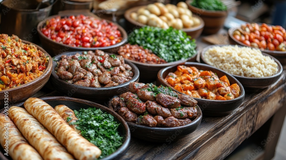 Colorful spread of various dishes in bowls on a wooden table. Colorful spread of various dishes in bowls on a wooden table.
