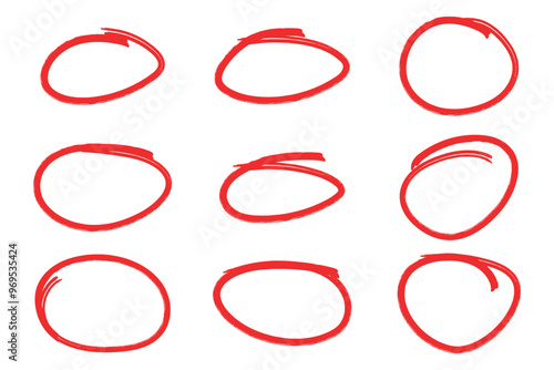 Set of hand drawn red circle highlighter, design element, grunge round shape
