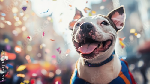 A joyful dog, wearing a vibrant superhero costume, basks in the excitement of a lively city parade filled with colorful confetti. The cheerful atmosphere enhances the playful moment