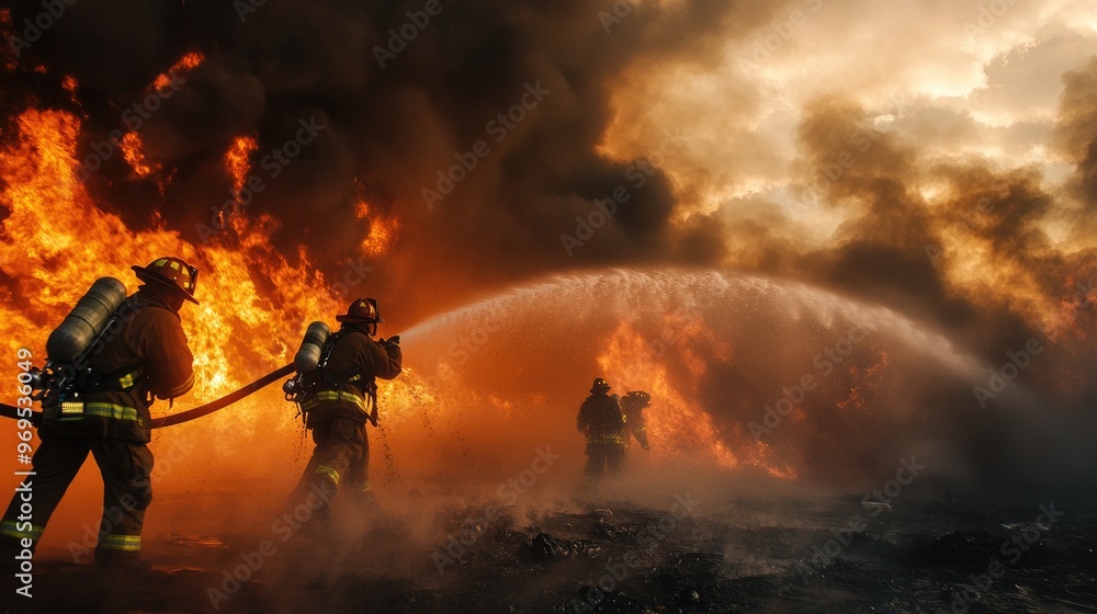 Obraz premium Firefighters battling a large fire.