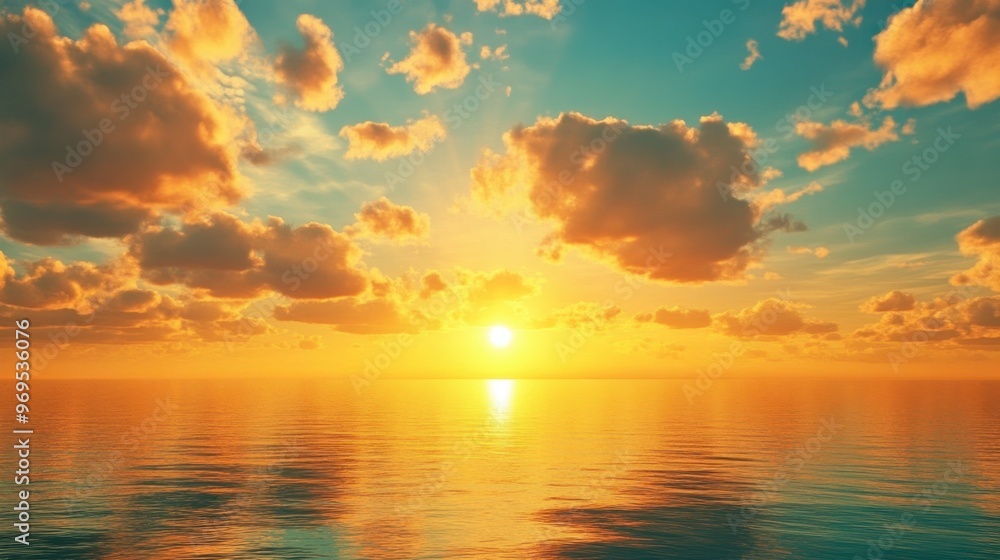 Fototapeta premium A vibrant, cloud-filled sky reflecting the golden hues of a setting sun over a calm body of water.
