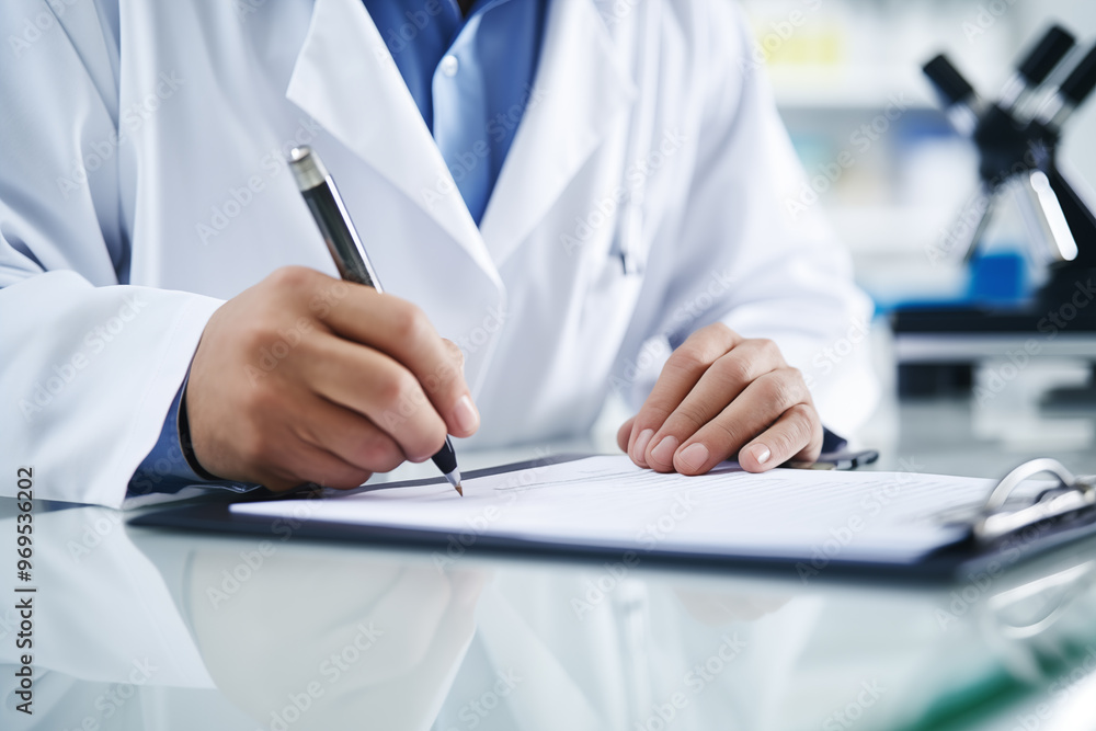 Doctor in white blue coat writing notes on paper clipboard with black pen with laboratory blur background Doctor in white blue coat writing notes on paper clipboard with black pen with laboratory blur background