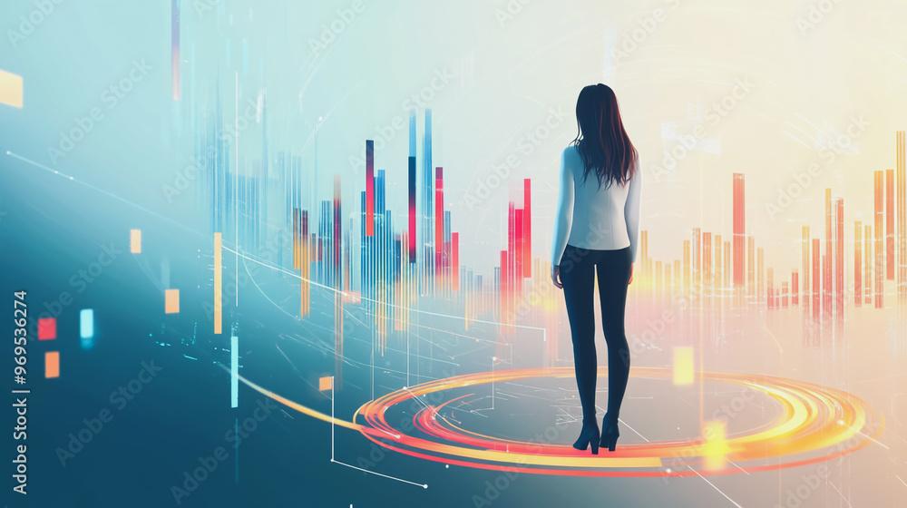 Abstract business woman stands on the peak of success amid tall, innovative Smart city and graphs with statistics to analyze business potential and predict future developments in company growth.
Abstract business woman stands on the peak of success amid tall, innovative Smart city and graphs with statistics to analyze business potential and predict future developments in company growth.