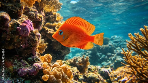 A vibrant orange fish swimming among colorful coral in a clear, tropical ocean.