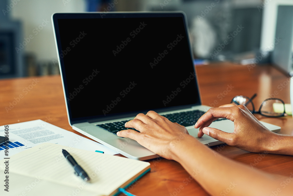 Woman, hands and typing with laptop for email, communication or research on desk at home. Closeup, freelancer or journalist with computer screen for remote work, online browsing or mockup at house Woman, hands and typing with laptop for email, communication or research on desk at home. Closeup, freelancer or journalist with computer screen for remote work, online browsing or mockup at house