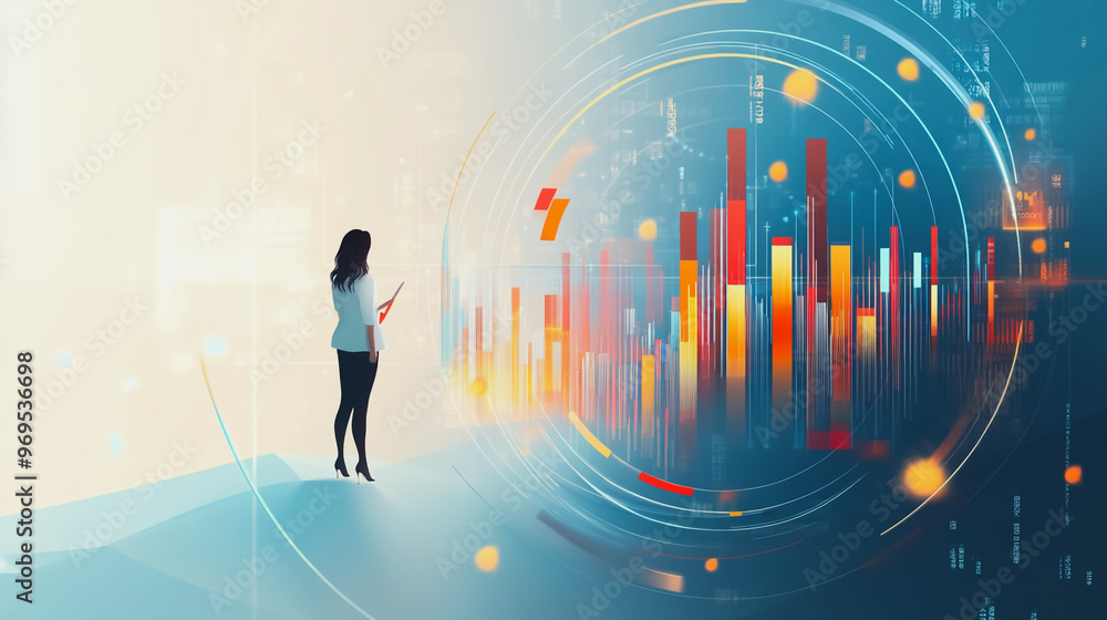 Abstract business woman stands on the peak of success amid tall, innovative Smart city and graphs with statistics to analyze business potential and predict future developments in company growth.
Abstract business woman stands on the peak of success amid tall, innovative Smart city and graphs with statistics to analyze business potential and predict future developments in company growth.
