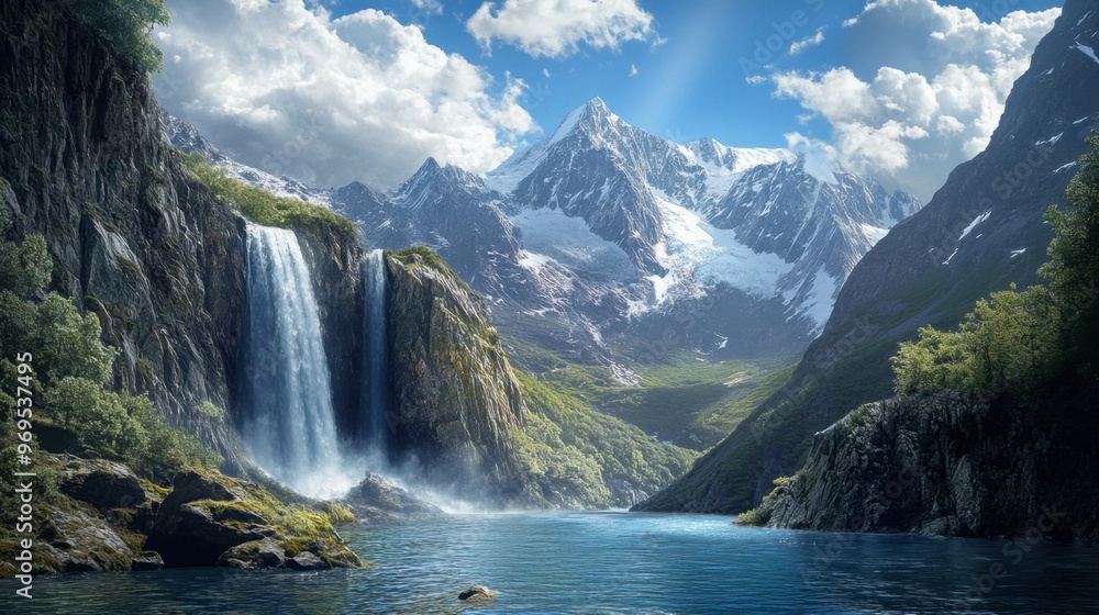 Fototapeta premium A waterfall in a remote mountain valley, with towering peaks and snow-capped mountains in the background.