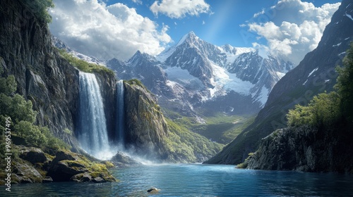 A waterfall in a remote mountain valley, with towering peaks and snow-capped mountains in the background.
