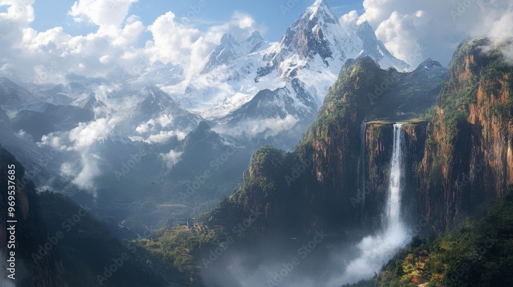 A waterfall in a remote mountain valley, with towering peaks and snow-capped mountains in the background. A waterfall in a remote mountain valley, with towering peaks and snow-capped mountains in the background.