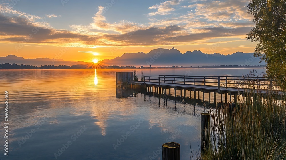 Obraz premium Sunrise Over the Lake With a Wooden Pier