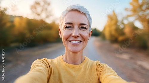 Mature woman snapping a selfie during a brisk morning walk, feeling fresh and active