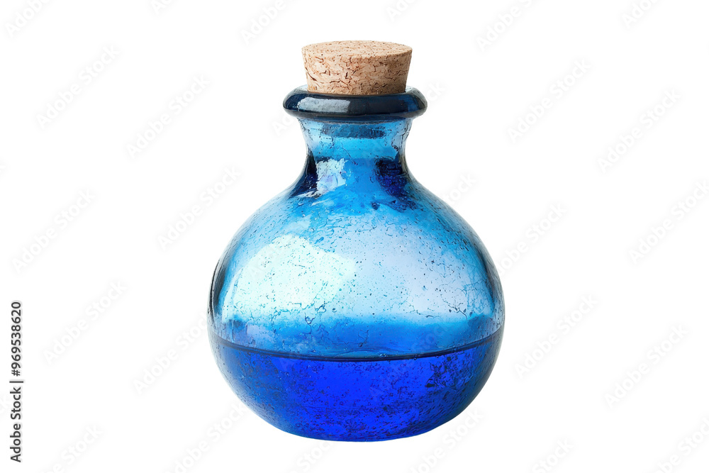 A small blue glass bottle with a cork stopper, filled halfway with a mysterious blue liquid, isolated on a transparent background. A small blue glass bottle with a cork stopper, filled halfway with a mysterious blue liquid, isolated on a transparent background.