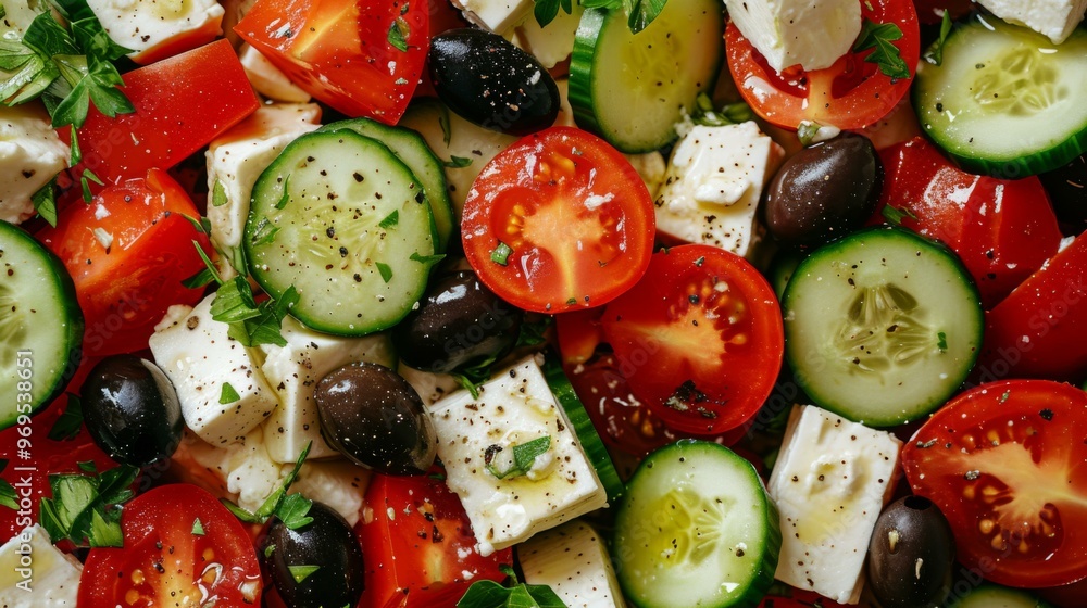 Fresh Greek Salad with Tomatoes, Feta Cheese, and Olives Fresh Greek Salad with Tomatoes, Feta Cheese, and Olives