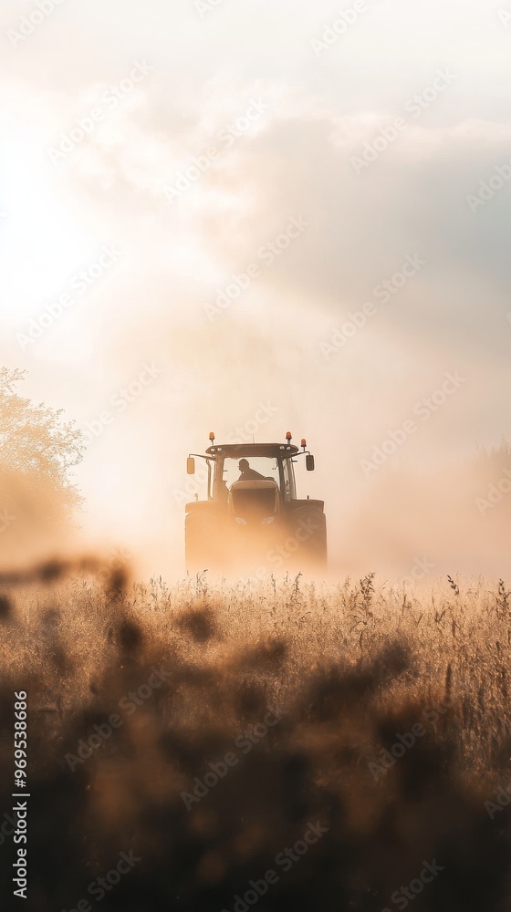 Fototapeta premium Tractor in field at sunrise with misty atmosphere, rural agriculture concept
