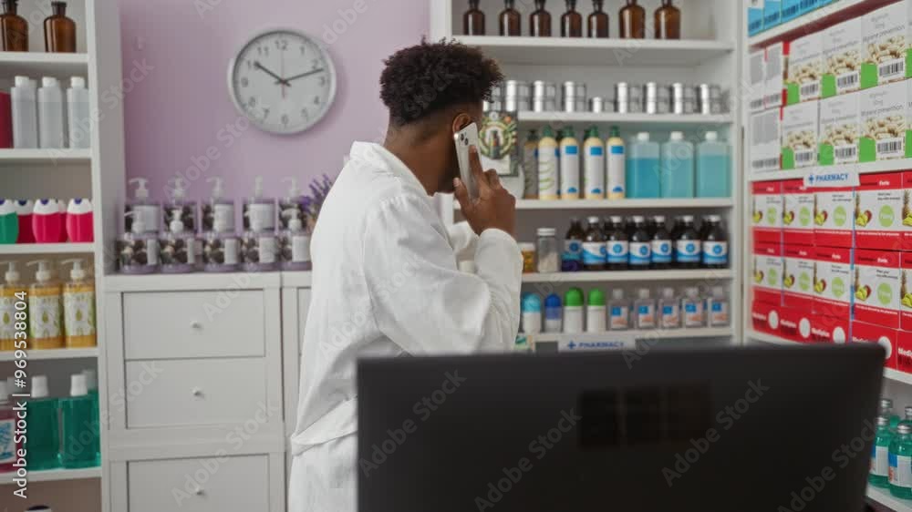 A young african american man talks on the phone in a pharmacy, surrounded by various medical products, with shelves and a clock visible in the background. A young african american man talks on the phone in a pharmacy, surrounded by various medical products, with shelves and a clock visible in the background.