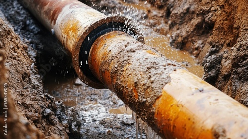 leaking rusty water pipe in a construction trench, highlighting corrosion, pipe damage, and water leakage during underground infrastructure repair and maintenance