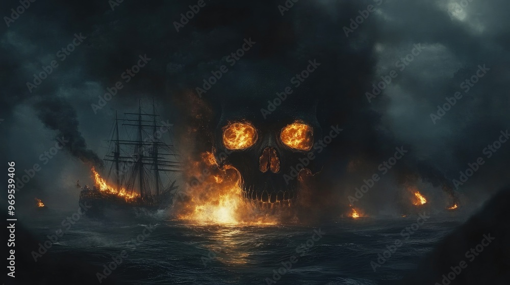 A dark and eerie skull floats in the ocean, surrounded by smoke and fire, as a ship looms nearby, setting a haunting scene A dark and eerie skull floats in the ocean, surrounded by smoke and fire, as a ship looms nearby, setting a haunting scene