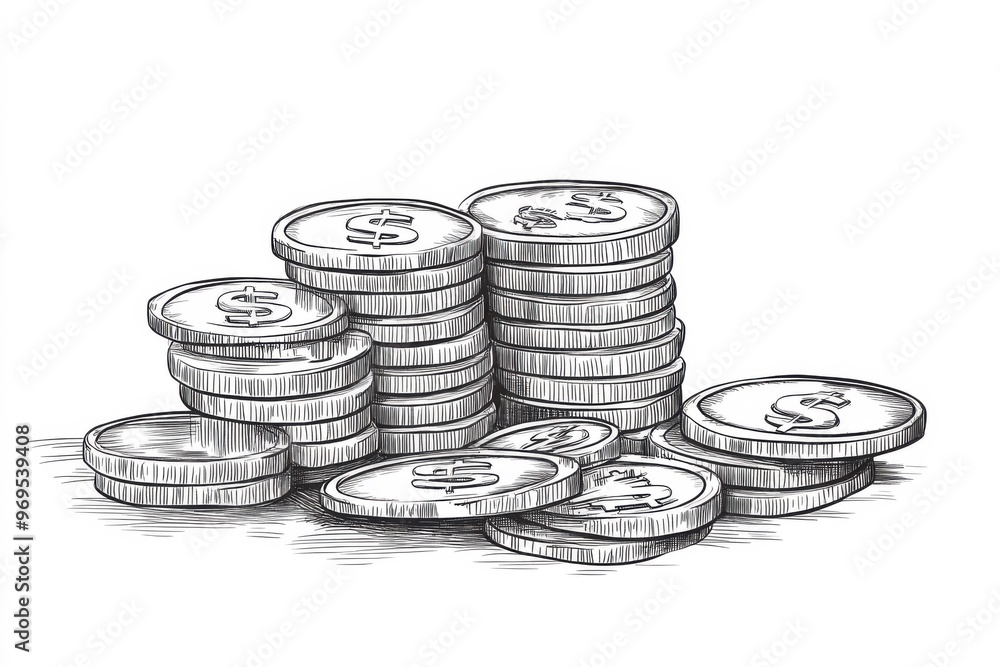 Detailed hand-drawn sketch of stacked dollar coins symbolizing wealth, savings, and financial growth in monochrome illustration style for business, banking, and economy concepts