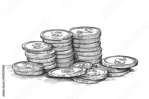 Obraz na płótnie Detailed hand-drawn sketch of stacked dollar coins symbolizing wealth, savings, and financial growth in monochrome illustration style for business, banking, and economy concepts w salonie