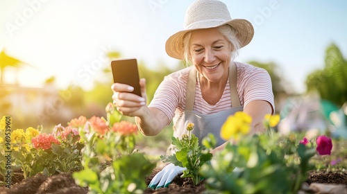 Fototapeta Naklejka Na Ścianę i Meble -  Mature woman taking a selfie while planting flowers in her garden, nurturing nature