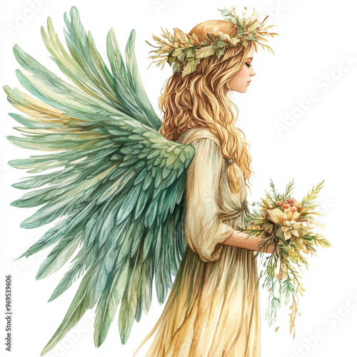 A delicate watercolor illustration of an angel in profile view, holding a floral bouquet, with detailed green wings and soft, flowing hair.