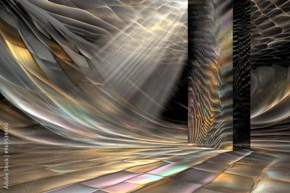Fototapeta premium A moody setting featuring a mysterious patterned obelisk in a room filled with patterns and iridescent light