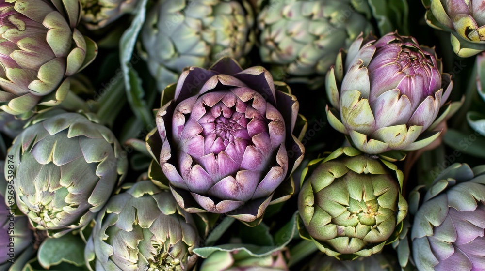 Obraz premium Close-Up of Fresh Artichokes: Green and Purple Delicacy