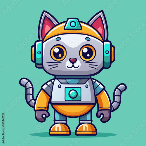 Cute robot cartoon icon character, line stoke isolated, graphic design sign