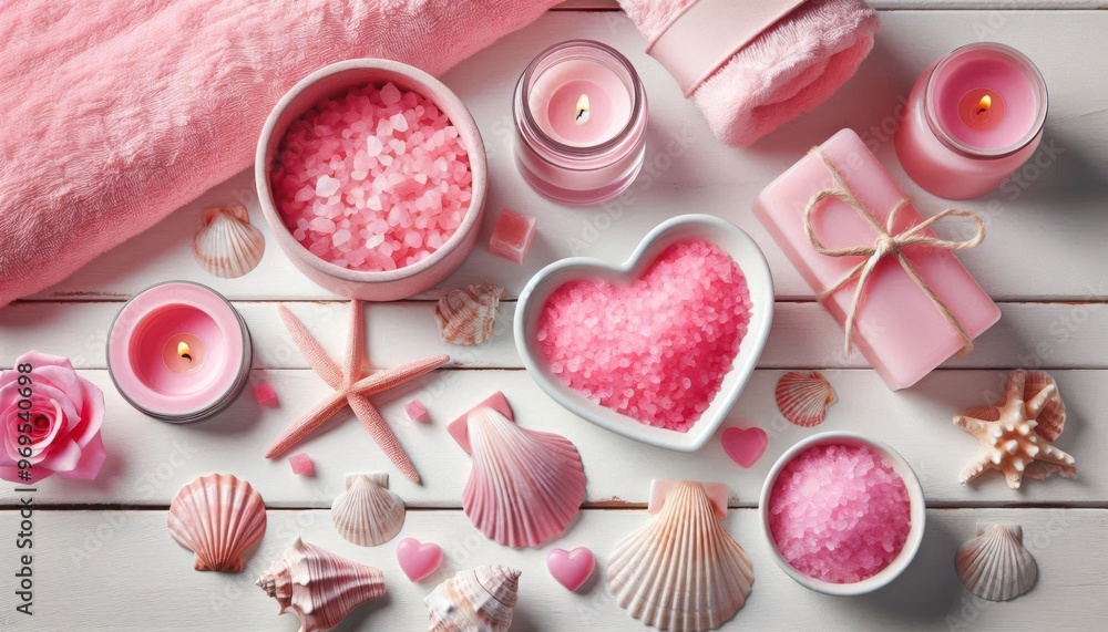 This image displays a collection of pink bath products, candles, seashells, and a rose on a white wooden background..Concept: Pampering Bath and Body This image displays a collection of pink bath products, candles, seashells, and a rose on a white wooden background..Concept: Pampering Bath and Body