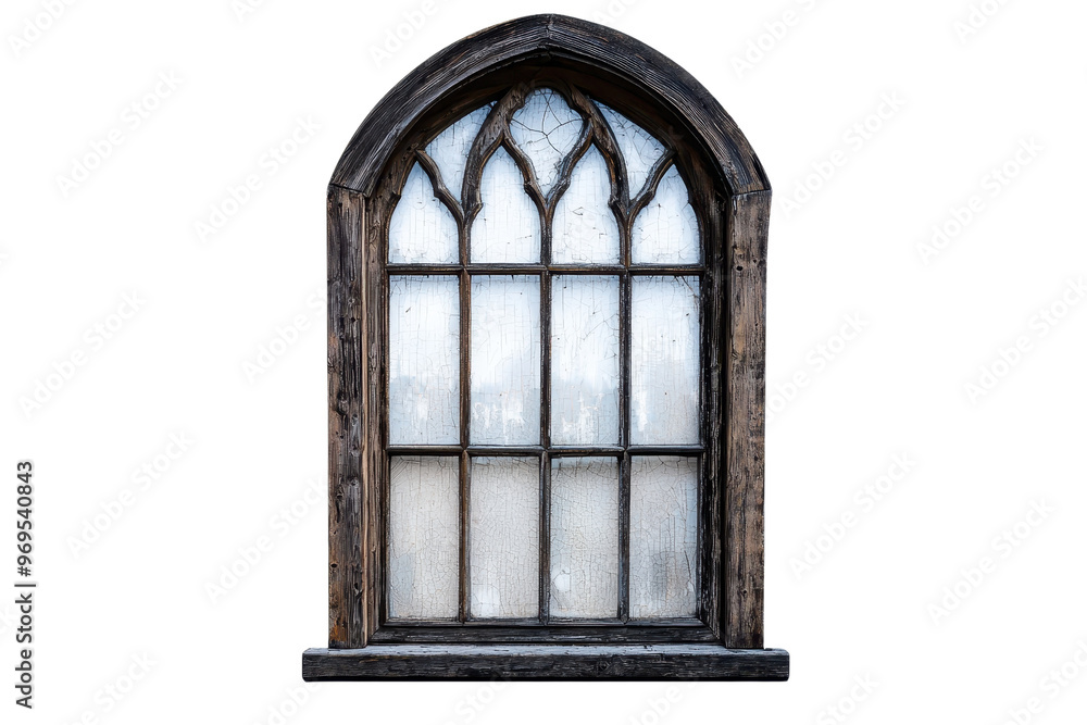Obraz premium An isolated gothic style arched window with intricate design and textured glass, perfect for architectural and historical themes.
