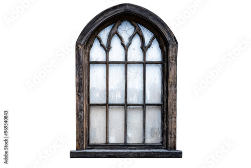 An isolated gothic style arched window with intricate design and textured glass, perfect for architectural and historical themes. photo