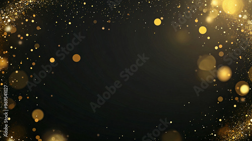 Scattered gold particles on black background. Holiday background frame. Generative AI