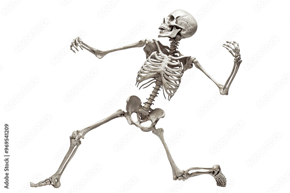 Animated human skeleton in a dynamic pose isolated on a transparent background. suitable for Halloween or anatomy study concepts.