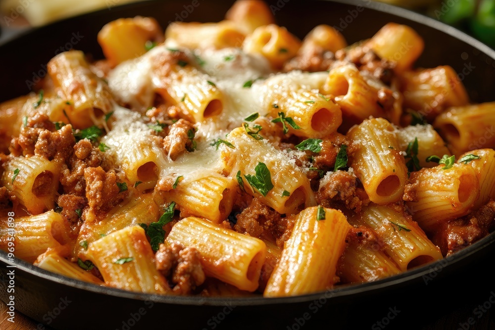 Close up of pasta with meat sauce and melted cheese. Perfect for use in recipes and food blogs. Close up of pasta with meat sauce and melted cheese. Perfect for use in recipes and food blogs.