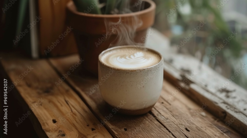 Steaming Cup of Latte Art on Wooden Table Steaming Cup of Latte Art on Wooden Table