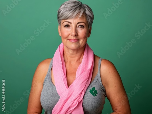 Woman proudly showing her mastectomy scars while wearing a pink scarf, symbolizing hope and breast cancer survivorship