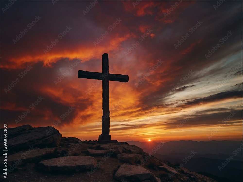 A cross silhouetted against a fiery sunset sky on a mountaintop. A cross silhouetted against a fiery sunset sky on a mountaintop.