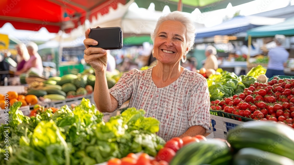 Senior woman snapping a selfie at a weekend farmer's market, surrounded by fresh produce Senior woman snapping a selfie at a weekend farmer's market, surrounded by fresh produce