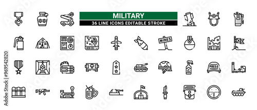 36 Military Line Icons Set Pack Editable Stroke Vector Illustration.