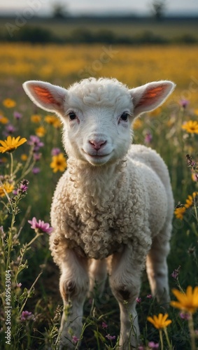 A cute white lamb stands in a field of blooming wildflowers.