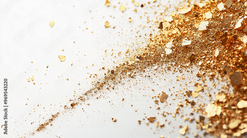 Scattered golden particles on white background in wave shape. Holiday background. Generative AI Scattered golden particles on white background in wave shape. Holiday background. Generative AI