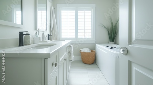 Modern White Bathroom Interior Design with Double Vanity and Tub