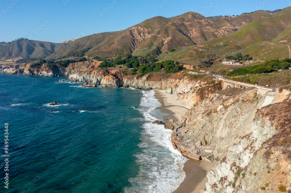 Beautiful landscape of Pacific Ocean coast along Highway 1 and Big Sur, aerial view, sunset, sunrise, fog. Concept, travel, vacation, weekend Beautiful landscape of Pacific Ocean coast along Highway 1 and Big Sur, aerial view, sunset, sunrise, fog. Concept, travel, vacation, weekend