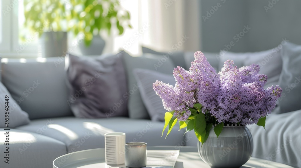 Lilac Flowers in a Grey Vase on a Coffee Table in a Cozy Living Room Lilac Flowers in a Grey Vase on a Coffee Table in a Cozy Living Room