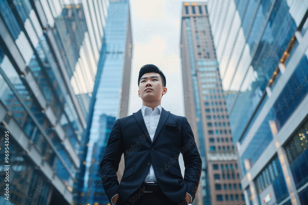 Well-groomed, rich Chinese young man in full height in an expensive suit against the background of blurry skyscrapers, view from below. Well-groomed, rich Chinese young man in full height in an expensive suit against the background of blurry skyscrapers, view from below.