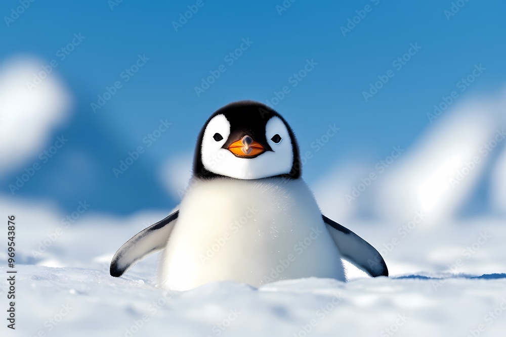 Fototapeta premium A cute penguin stands on the snow, showcasing its black and white feathers against a stunning blue background.