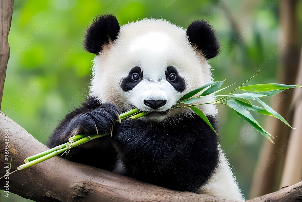 Fototapeta premium A cute panda munching on bamboo, showcasing its playful nature in a lush, green environment.